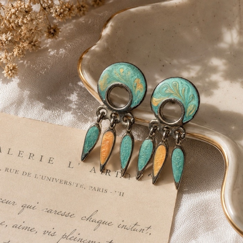 Vintage Artisan Teal Amber Enamel Silver Tone Geometric Dangle Post Earrings